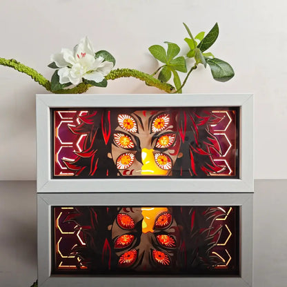 White-framed anime paper-cut led light box with 7-color remote features illuminated art panels of character with glowing eyes