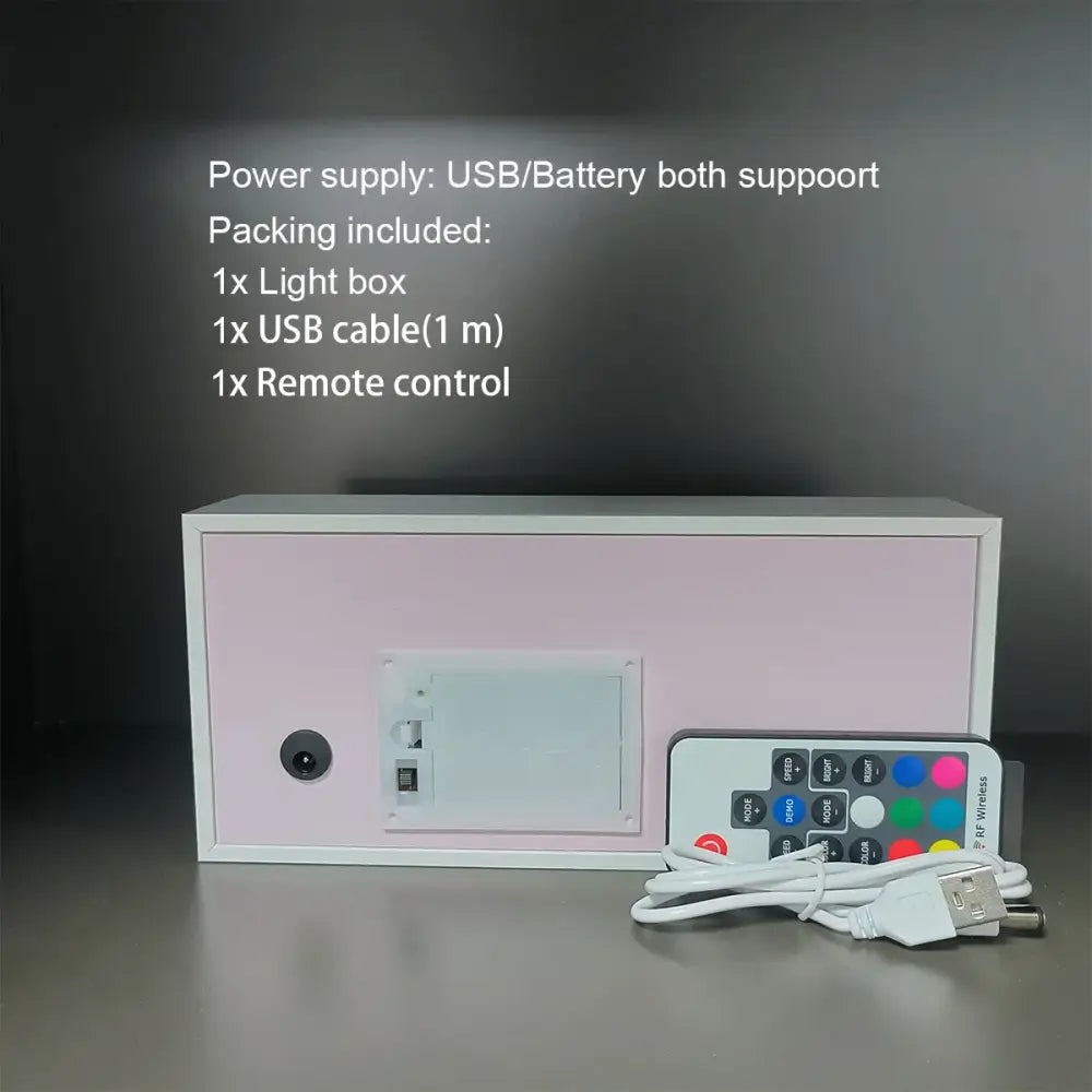 Pink rectangular anime paper-cut led light box with white trim showing the back panel and power port