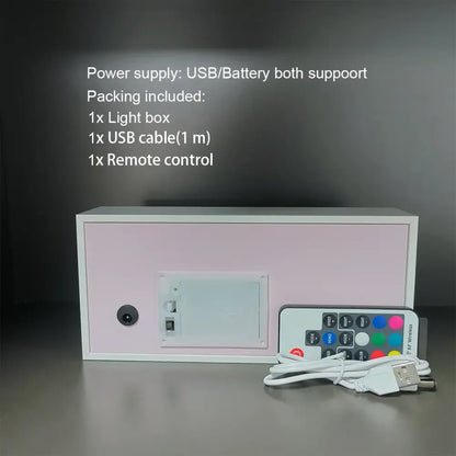 Pink rectangular anime paper-cut led light box with white trim showing the back panel and power port