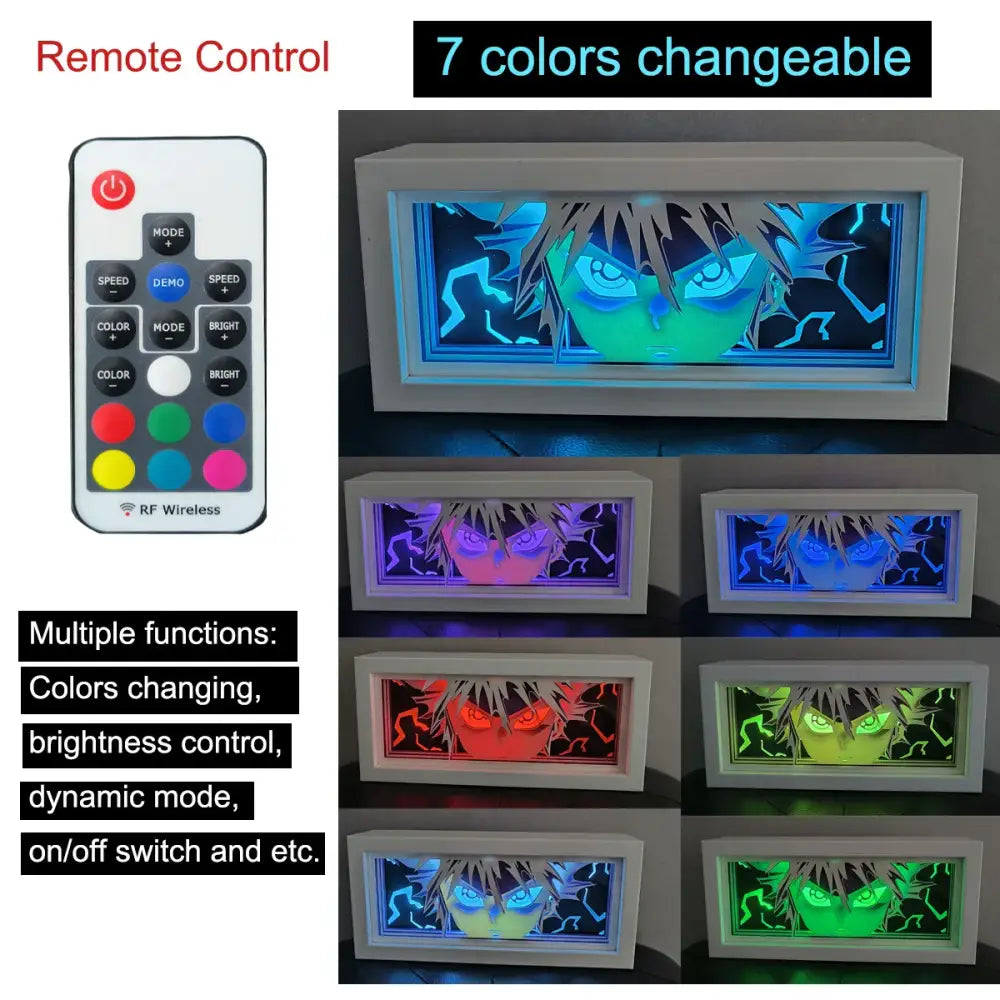 White rectangular anime paper-cut led light box with glowing character face, 7-color modes and remote control