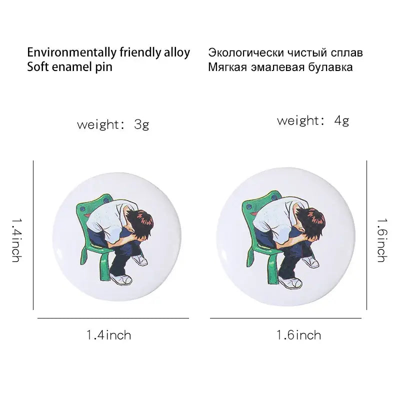 Circular soft enamel anime pin brooch with durable tinplate and pin backing featuring a bowed cartoon character sitting on a green chair