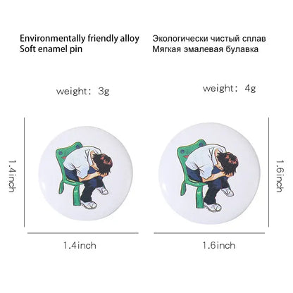 Circular soft enamel anime pin brooch with durable tinplate and pin backing featuring a bowed cartoon character sitting on a green chair