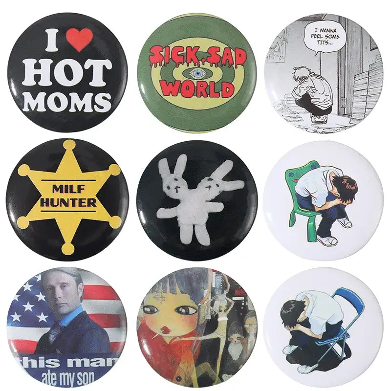 A collection of nine colorful anime pin brooches with durable tinplate and secure pin backing featuring various designs