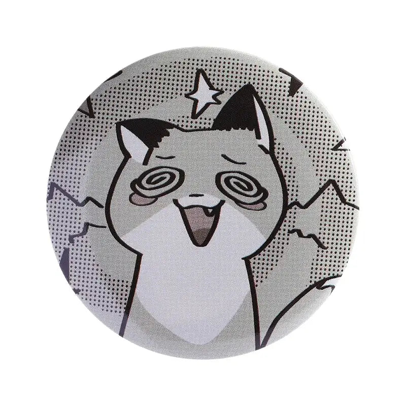 Anime pin brooch featuring a circular gray and black cartoon cat design on durable tinplate with pin backing
