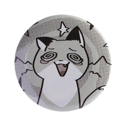 Anime pin brooch featuring a circular gray and black cartoon cat design on durable tinplate with pin backing