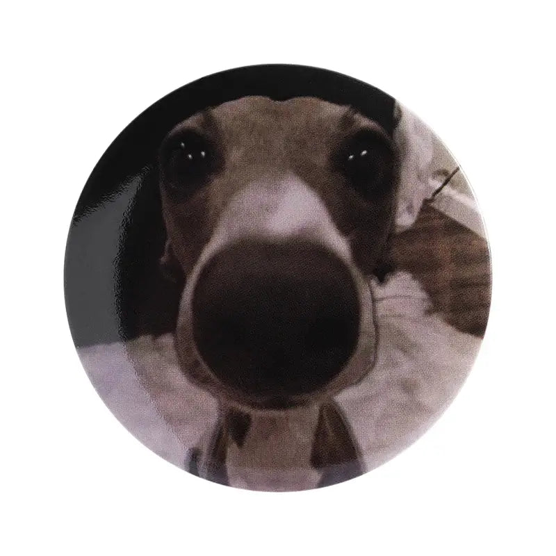 Circular anime pin brooch featuring a close-up photo of a grey and white dog with durable tinplate and pin backing