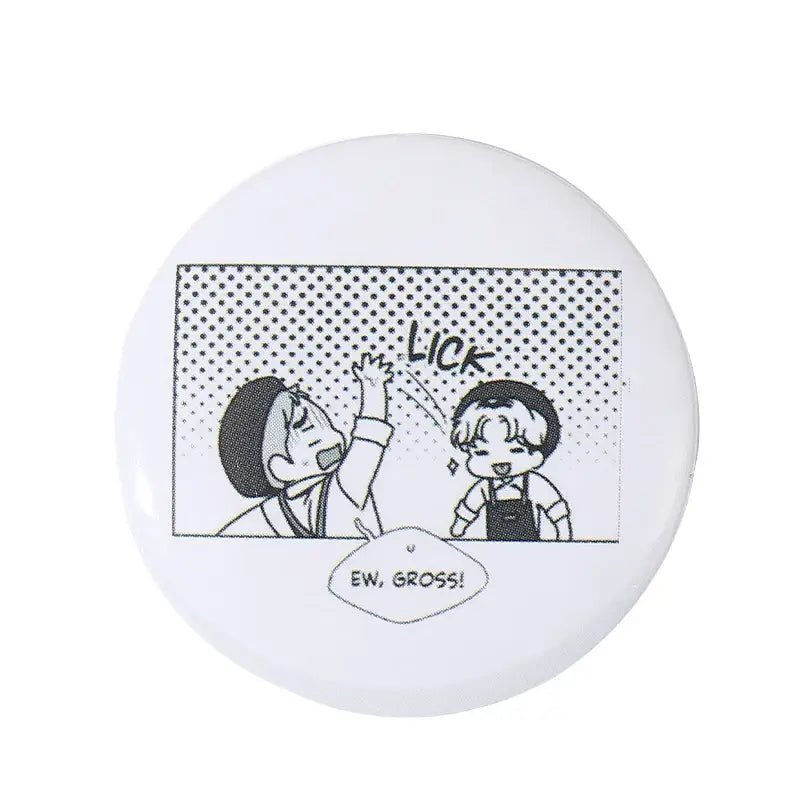 White circular anime pin brooch featuring a black and white comic panel made of durable tinplate with pin backing
