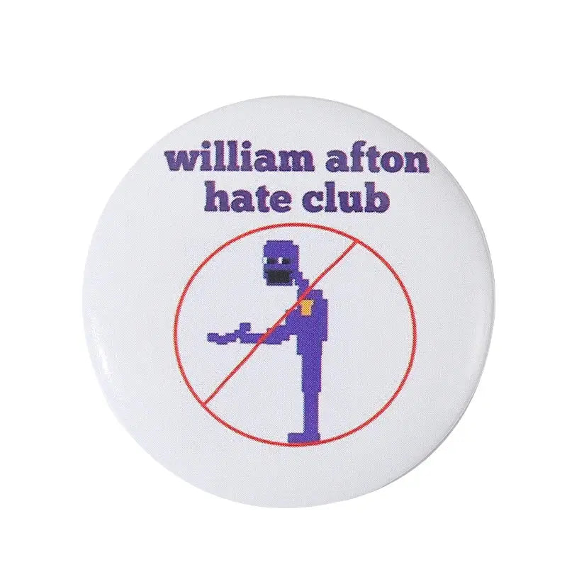 White circular anime pin brooch with durable tinplate featuring purple pixelated figure and red prohibition symbol with pin backing