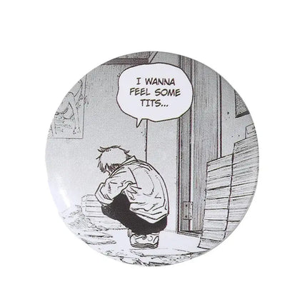 Circular anime pin brooch with black and white manga design featuring durable tinplate and secure pin backing