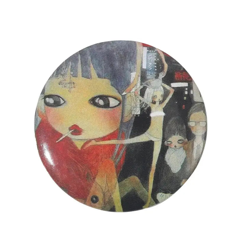 Circular anime pin brooch with blue-haired girl design made of durable tinplate with secure pin backing