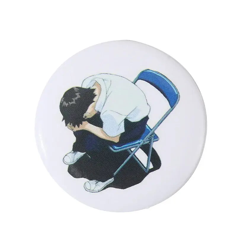 White circular anime pin brooch featuring black-haired character on blue chair with durable tinplate and pin backing