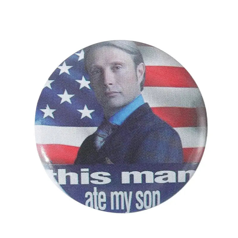 Circular anime pin brooch with durable tinplate featuring a man portrait and american flag with pin backing