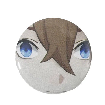Circular anime pin brooch with striking blue eyes and brown hair printed on durable tinplate with pin backing