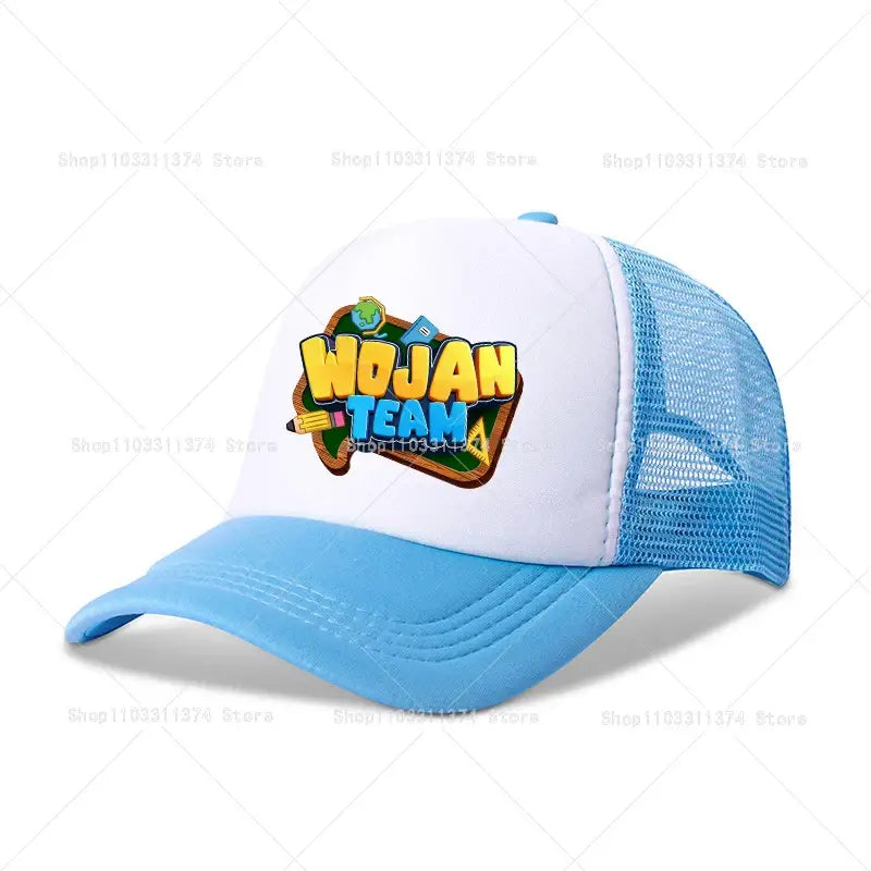 Light blue and white mesh baseball cap with colorful wojan team logo and cartoon graphics adjustable summer fit