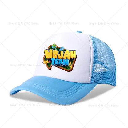 Light blue and white mesh baseball cap with colorful wojan team logo and cartoon graphics adjustable summer fit