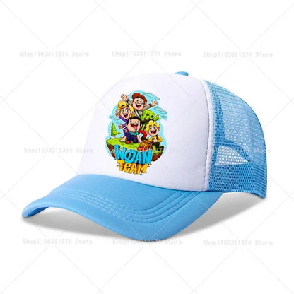 Light blue and white mesh baseball cap with colorful notan team cartoon graphic adjustable summer fit