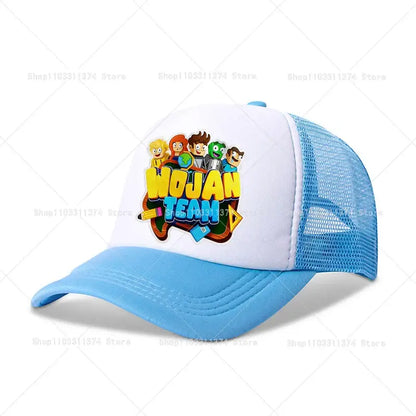 Light blue and white mesh baseball cap with colorful wojan team anime print cartoon characters adjustable fit