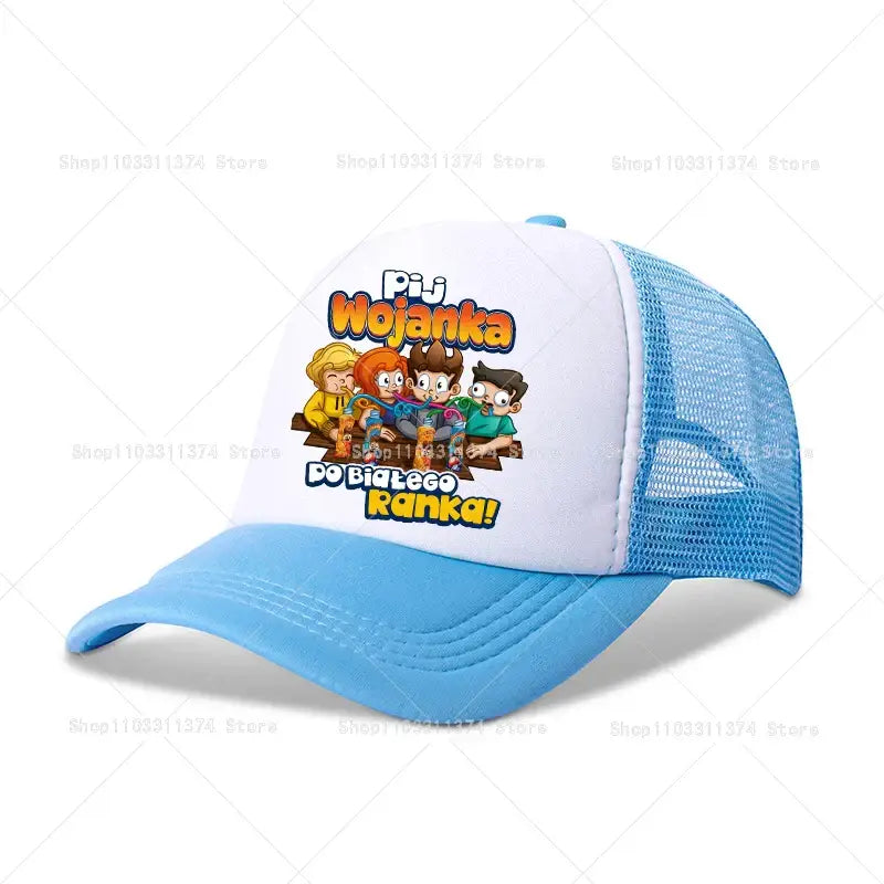 Blue and white mesh baseball cap featuring colorful cartoon graphic and playful pij wojanka text for summer fit