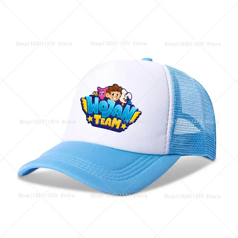 A light blue and white mesh baseball cap with a colorful wojan team logo and cartoon characters front design