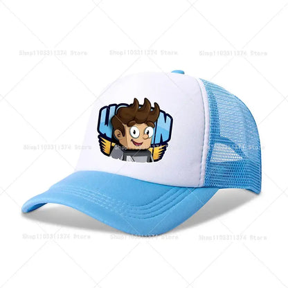 Blue and white mesh baseball cap with cartoon character graphic front adjustable summer fit trucker hat