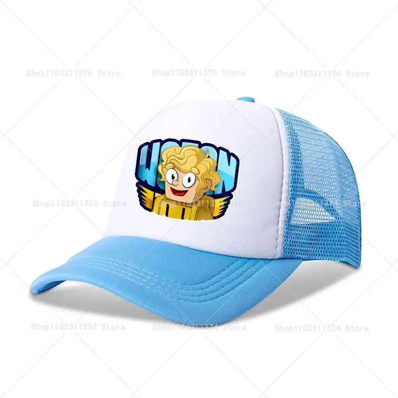 Light blue and white mesh baseball cap featuring a cartoon character with curly blonde hair and blue lettering