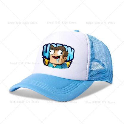 Light blue and white mesh baseball cap with cartoon character graphic front adjustable summer fit baseball cap