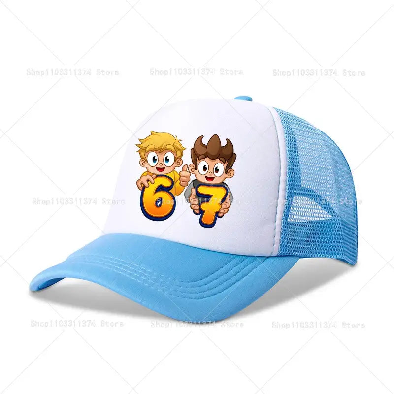 Blue and white kids mesh baseball cap with cartoon characters holding numbers 6 and 7 adjustable summer fit
