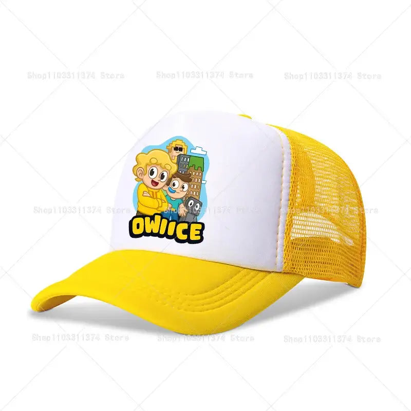 Yellow and white mesh baseball cap with colorful twice cartoon graphic adjustable summer fit baseball cap