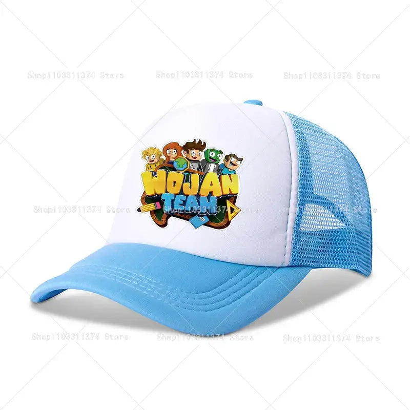 Light blue and white mesh baseball cap with colorful wojjan team cartoon graphic adjustable summer fit