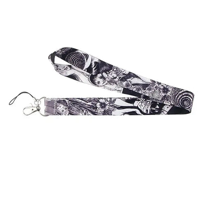 Black and white illustrated anime series neck strap lanyard with silver metal clasp for id card holder use
