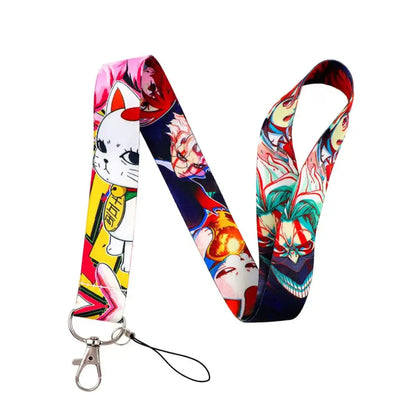Anime series neck strap lanyard with vibrant fabric strap featuring white cat and colorful characters, silver metal clasp