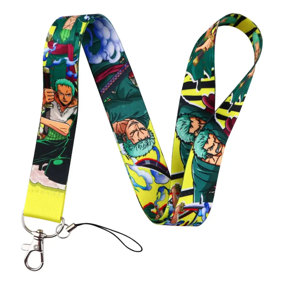 Vibrant yellow neck strap lanyard featuring full-color anime characters in dynamic action poses for id card holder