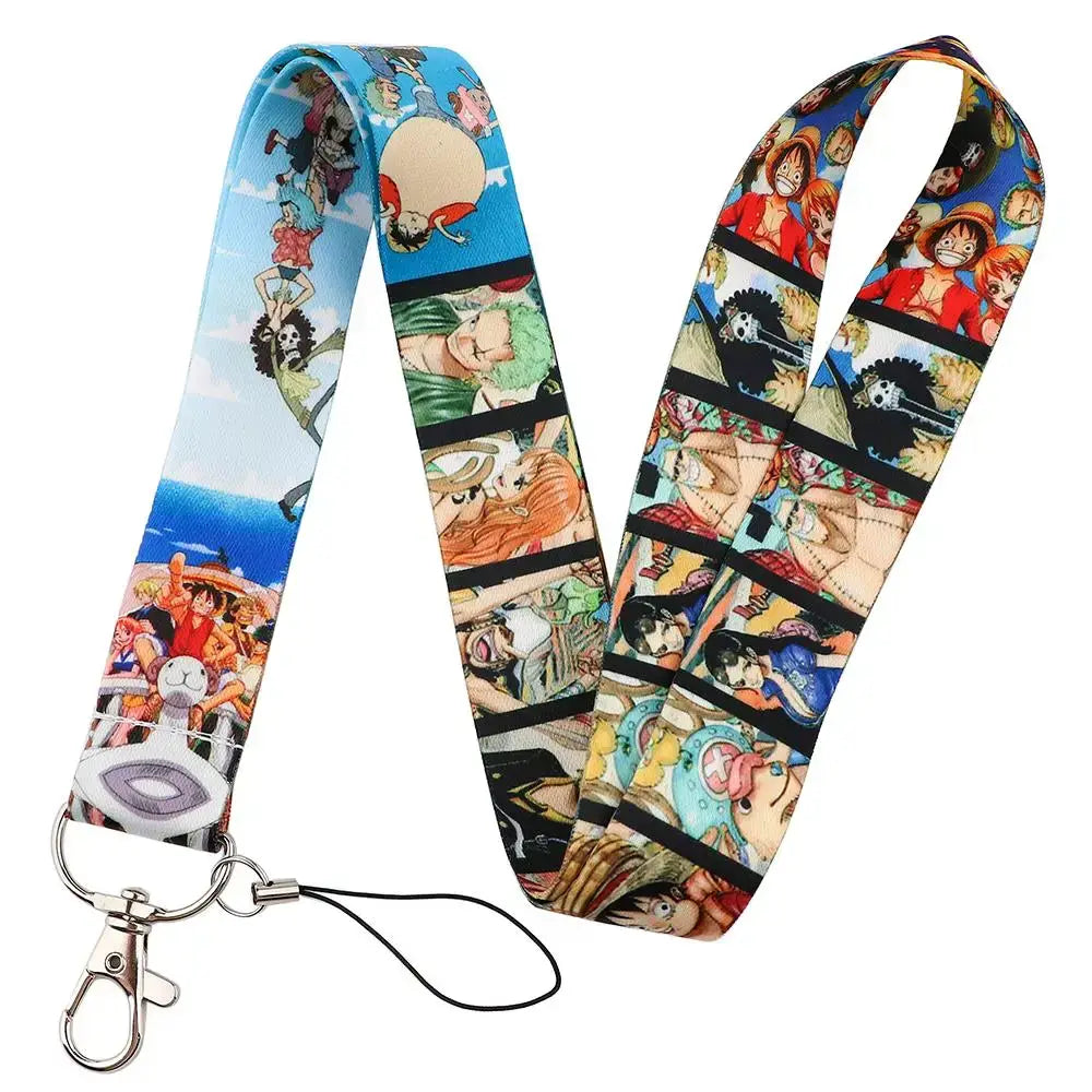 Blue fabric neck strap lanyard with vibrant one piece anime character pattern for id card holder use