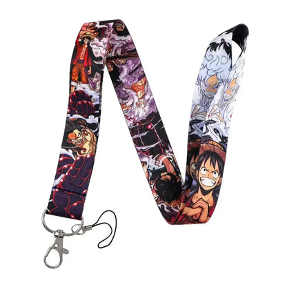 Anime series neck strap lanyard featuring vibrant one piece characters on fabric strap with silver clasp and black cord