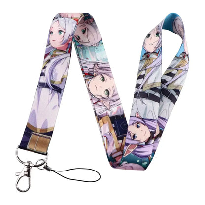 Colorful anime series neck strap lanyard with white and purple hair characters printed on fabric strap with metal hardware