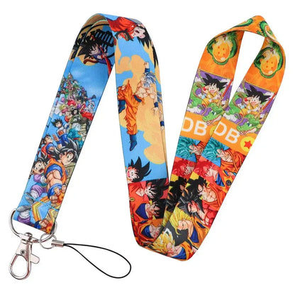 Vibrant multicolored dragon ball z-themed neck strap lanyard with printed characters fabric strap and metal clasp for ID holder