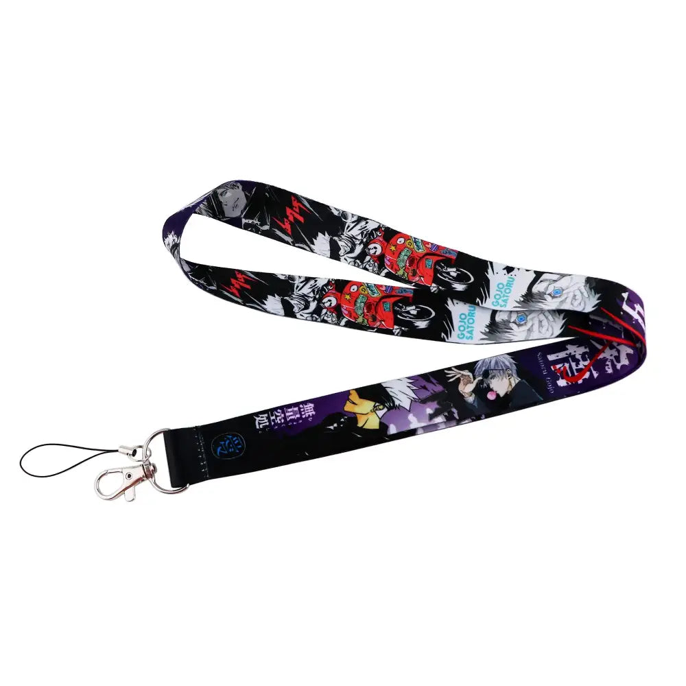 Black anime series neck strap lanyard with vibrant characters red motorcycle graphics silver clasp and black cord loop