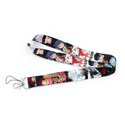 Black neck strap lanyard featuring a vibrant jujutsu kaisen anime pattern with bold red and white accents for ID cards