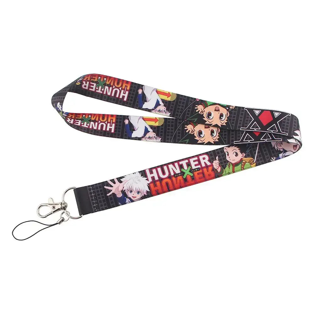 Black fabric neck strap lanyard with colorful hunter x hunter anime characters and silver metal clasp for id card holder