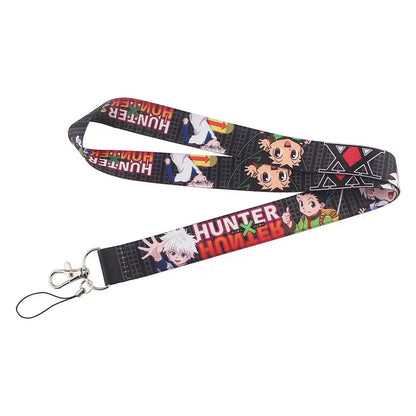 Black fabric neck strap lanyard with colorful hunter x hunter anime characters and silver metal clasp for id card holder