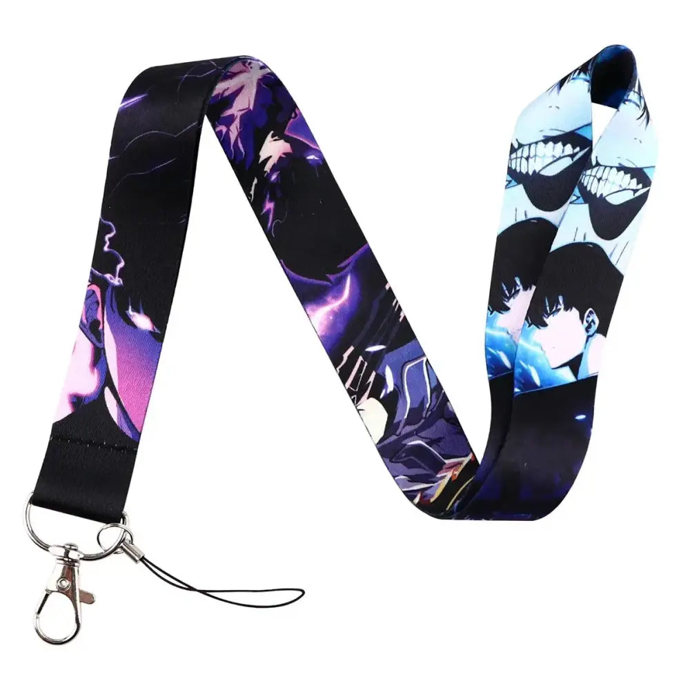 Anime series neck strap lanyard featuring vibrant black and purple character illustrations with silver metal clasp