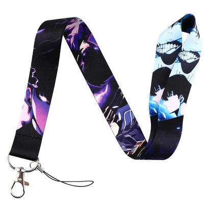 Anime series neck strap lanyard featuring vibrant black and purple character illustrations with silver metal clasp