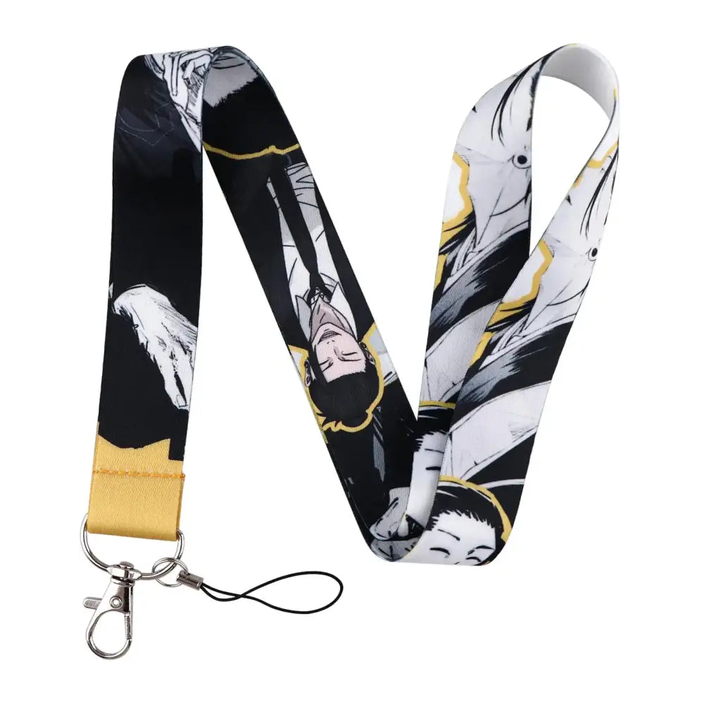 Anime series neck strap lanyard with black and white anime design yellow accents metal clasp and keyring for id cards
