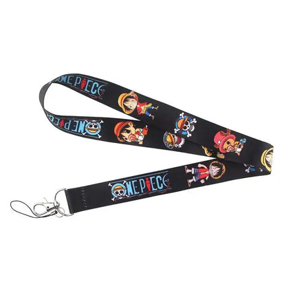 Black one piece neck strap lanyard with colorful cartoon characters and iconic logo for id card holder use