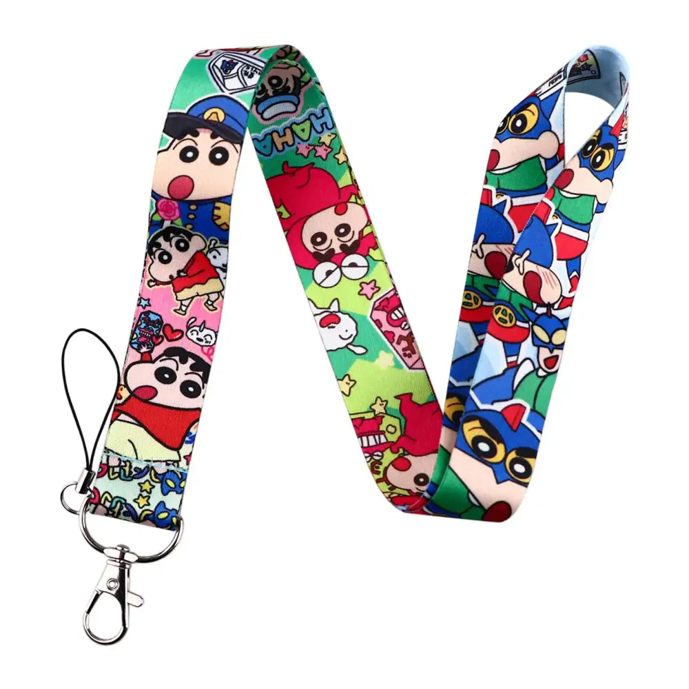 Colorful fabric neck strap lanyard featuring vibrant crayon shin-chan cartoon print for anime series id card holder