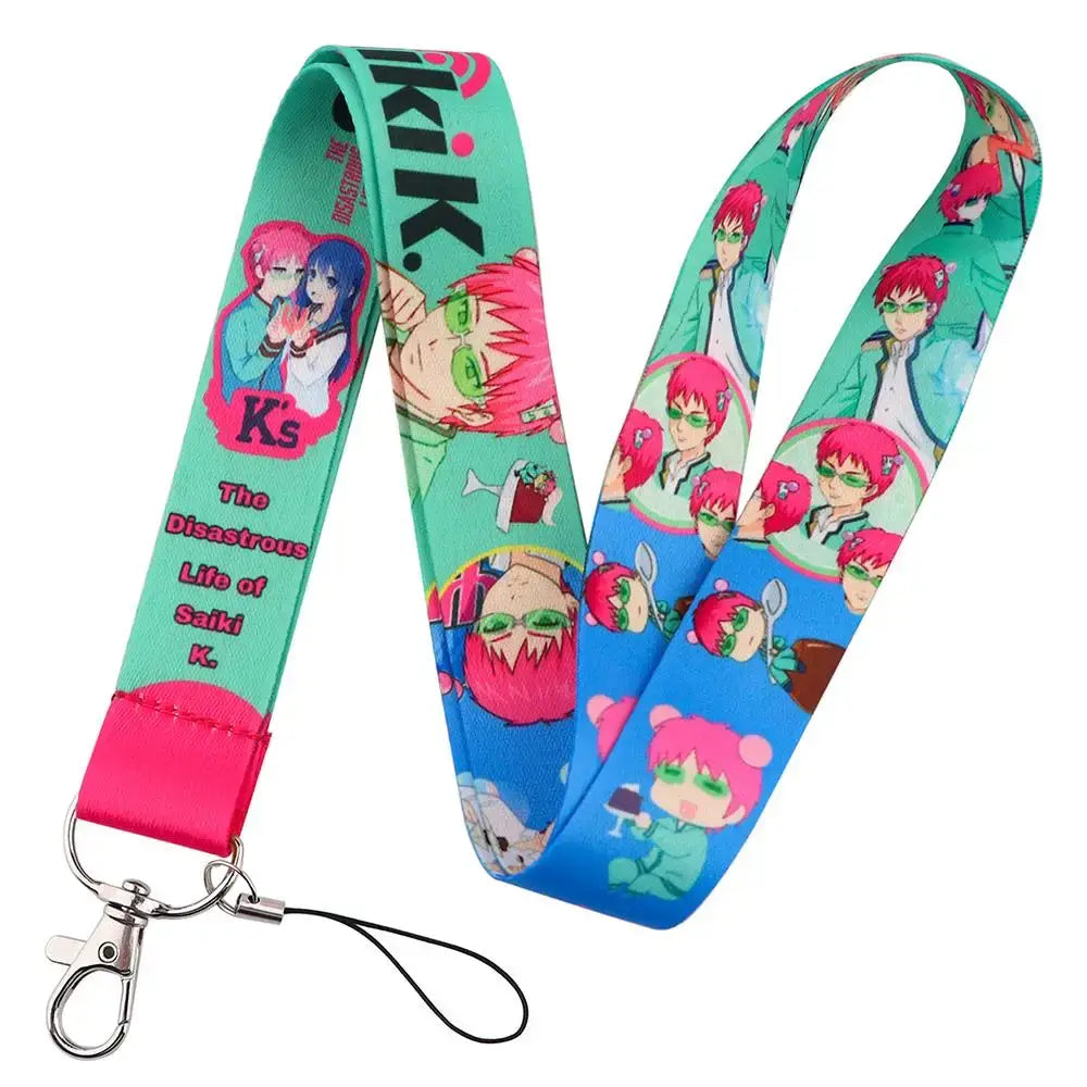 Vibrant teal and blue neck strap lanyard featuring cartoon characters from the disastrous life of saiki k with pink and green accents