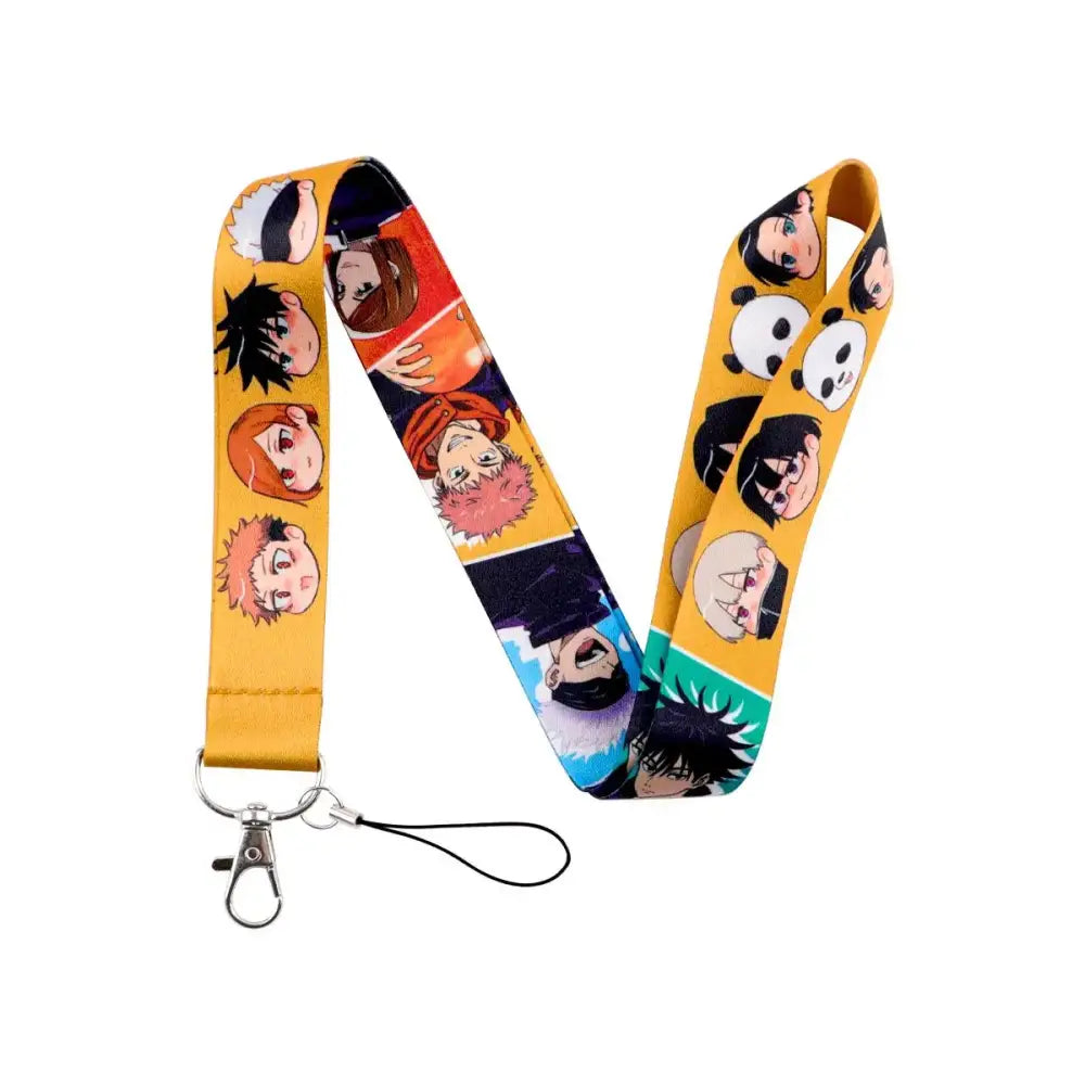 Yellow neck strap lanyard with colorful anime character heads and pandas for id card holder use