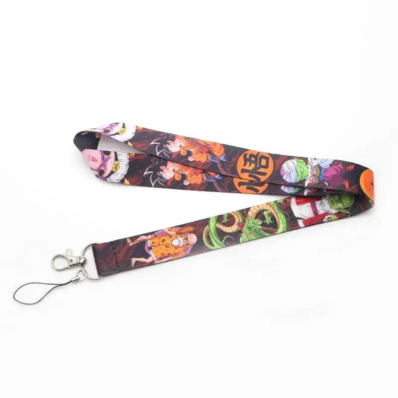 Colorful dragon ball-themed neck strap lanyard with vibrant character illustrations silver metal hardware and wire loop