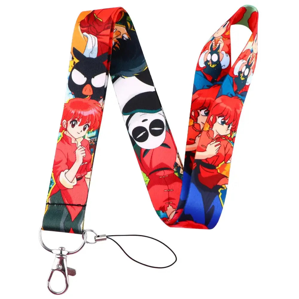 Vibrant anime series neck strap lanyard in red and black with silver metal clasp for id card holder use