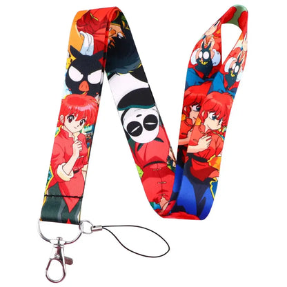 Vibrant anime series neck strap lanyard in red and black with silver metal clasp for id card holder use
